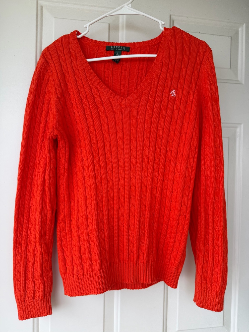 Lauren Ralph Lauren V-Neck Cable Knit Sweater — Orange